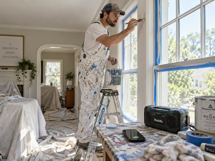 Painter rolling a ceiling while AI handles incoming phone call
