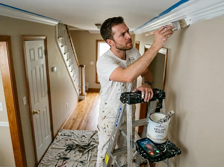 Painter unable to answer phone while cutting in on a ladder