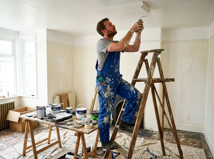 Painter unable to answer phone while cutting in on a ladder