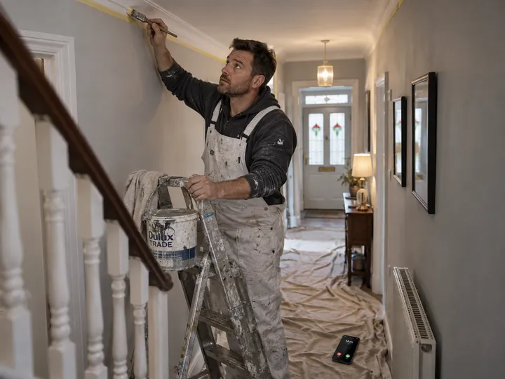 Painter unable to answer phone while cutting in on a ladder