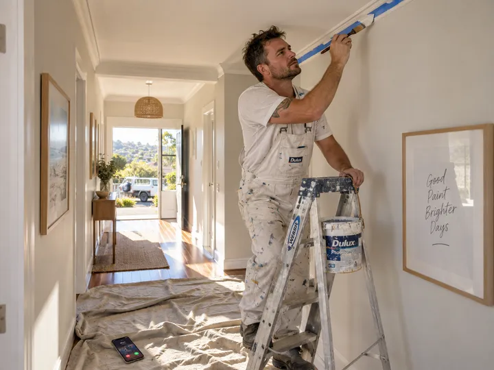 Painter unable to answer phone while cutting in on a ladder