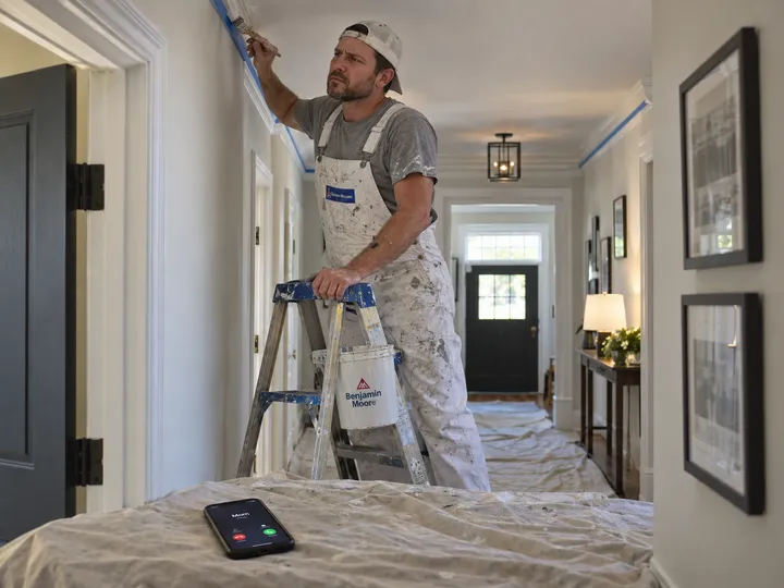 Painter unable to answer phone while cutting in on a ladder
