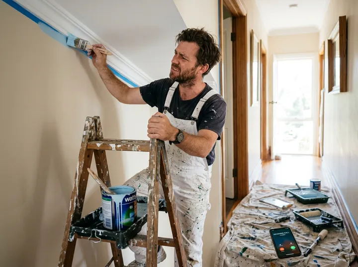 Painter unable to answer phone while cutting in on a ladder
