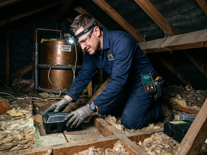 Pest control technician unable to answer phone while laying bait stations in a loft