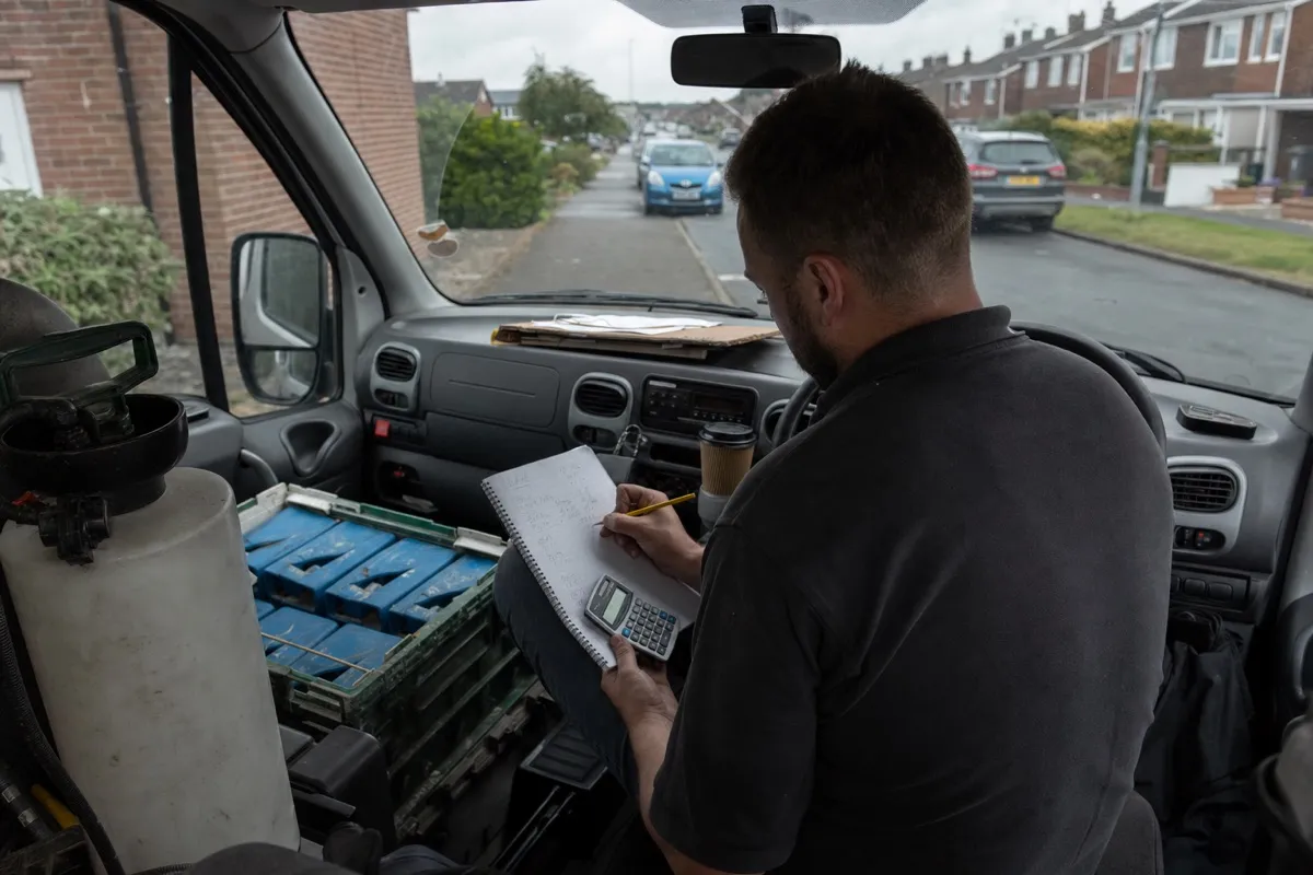 A pest control technician sitting in his work van, writing figures in a notebook with a calculator to work out the price for a job.
