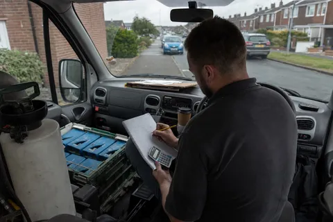 A pest control technician sitting in his work van, writing figures in a notebook with a calculator to work out the price for a job.