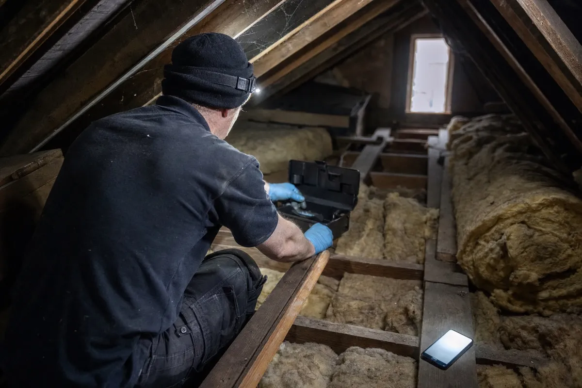 A pest controller kneeling in a house loft checking a rodent bait station while a phone lights up unanswered on the joists beside them