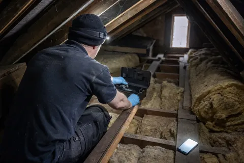 A pest controller kneeling in a house loft checking a rodent bait station while a phone lights up unanswered on the joists beside them