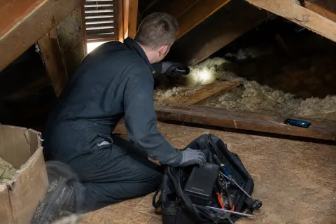 A pest control technician kneeling in a dusty domestic loft inspecting the eaves with a torch while a work phone rings unanswered on a nearby joist