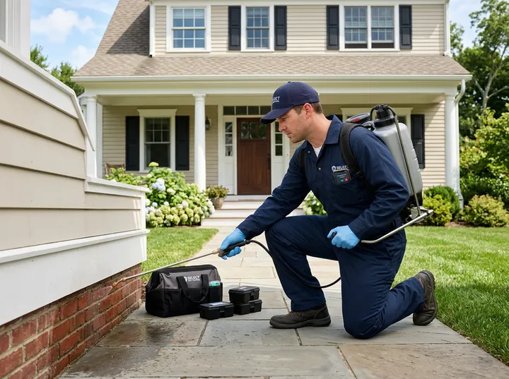 Exterminator treating property while AI handles incoming phone call