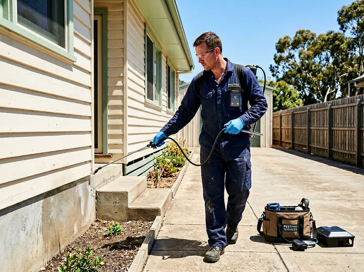 Pest controller treating property while AI handles incoming phone call