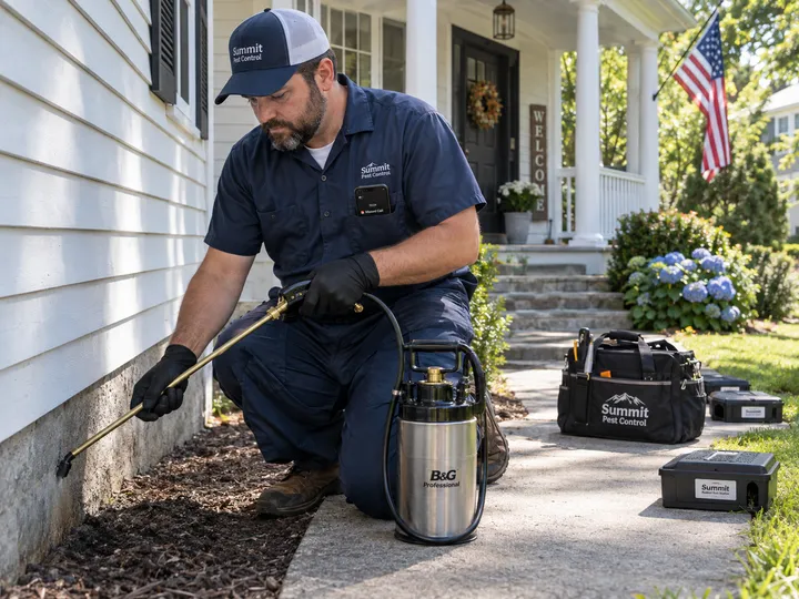 Exterminator treating property while AI handles incoming phone call