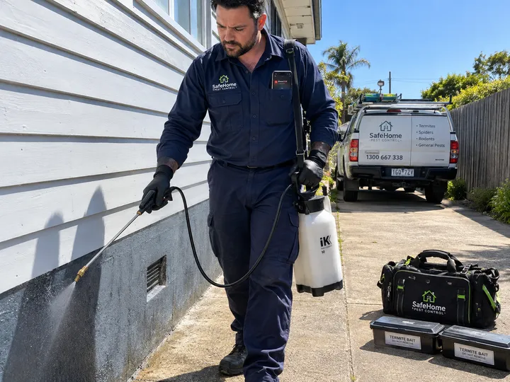 Pest controller treating property while AI handles incoming phone call