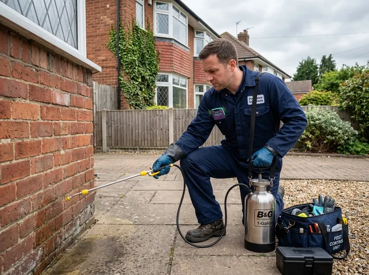 Pest control technician treating property while AI handles incoming phone call