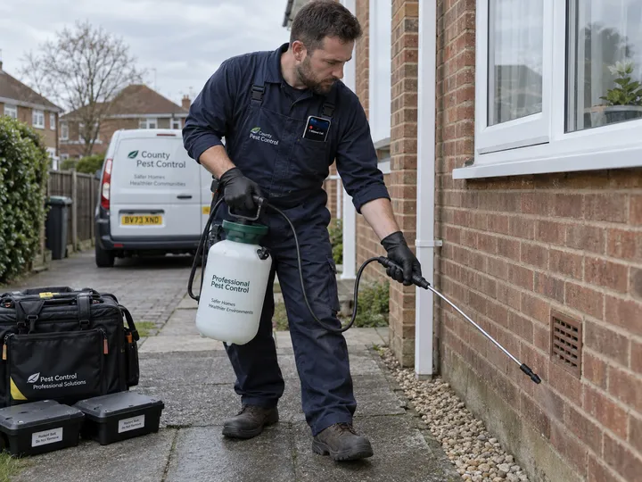 Pest control technician treating property while AI handles incoming phone call