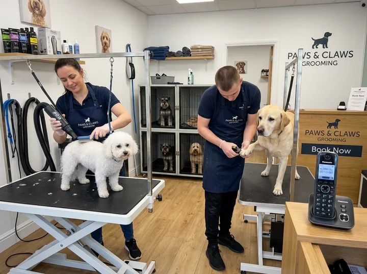 Busy grooming salon while AI handles incoming call