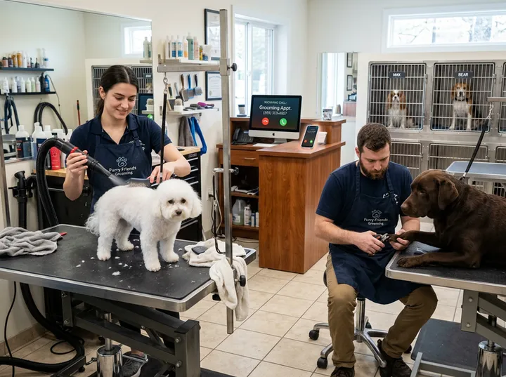 Busy grooming salon while AI handles incoming call