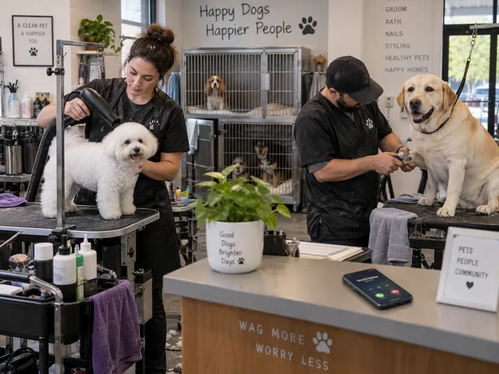 Busy grooming salon while AI handles incoming call