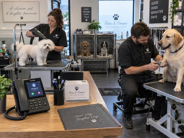 Busy grooming salon while AI handles incoming call