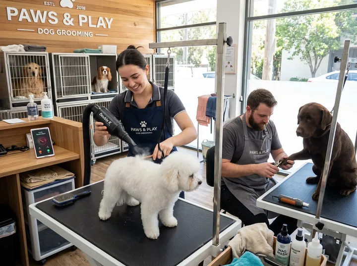 Busy grooming salon while AI handles incoming call