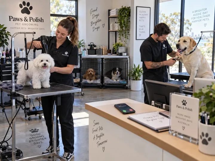 Busy grooming salon while AI handles incoming call