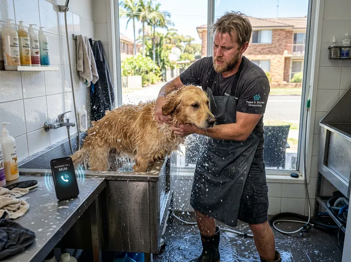 Pet groomer unable to answer phone while bathing a dog