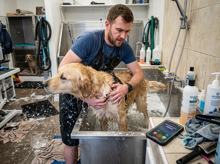 Pet groomer unable to answer phone while bathing a dog