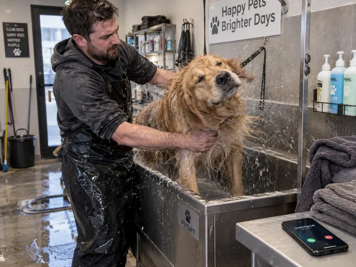 Pet groomer unable to answer phone while bathing a dog