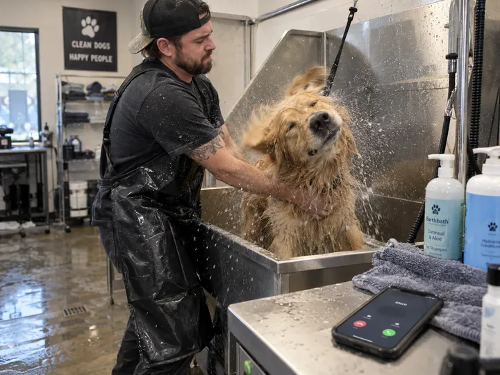 Pet groomer unable to answer phone while bathing a dog