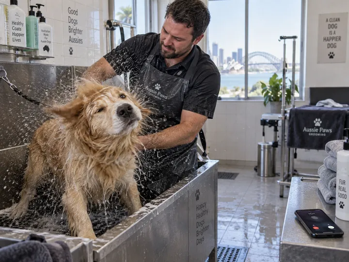 Pet groomer unable to answer phone while bathing a dog