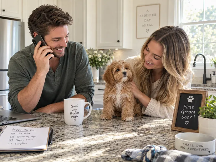 New puppy owners booking first grooming appointment via AI receptionist