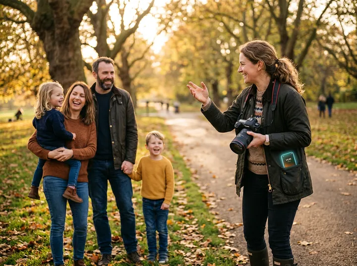 Photographer directing outdoor portrait session while AI handles calls