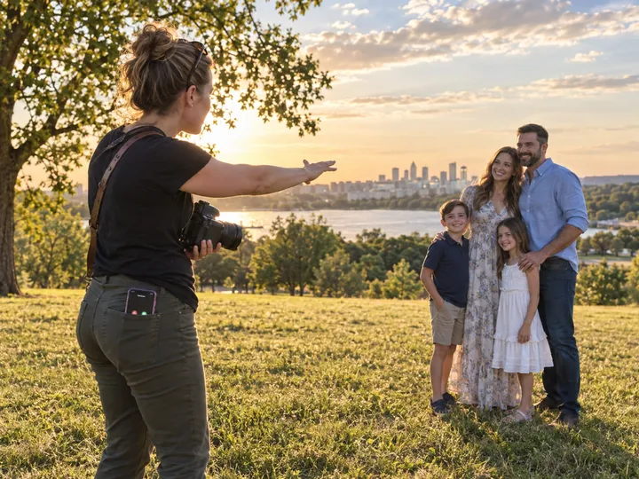Photographer directing outdoor portrait session while AI handles calls
