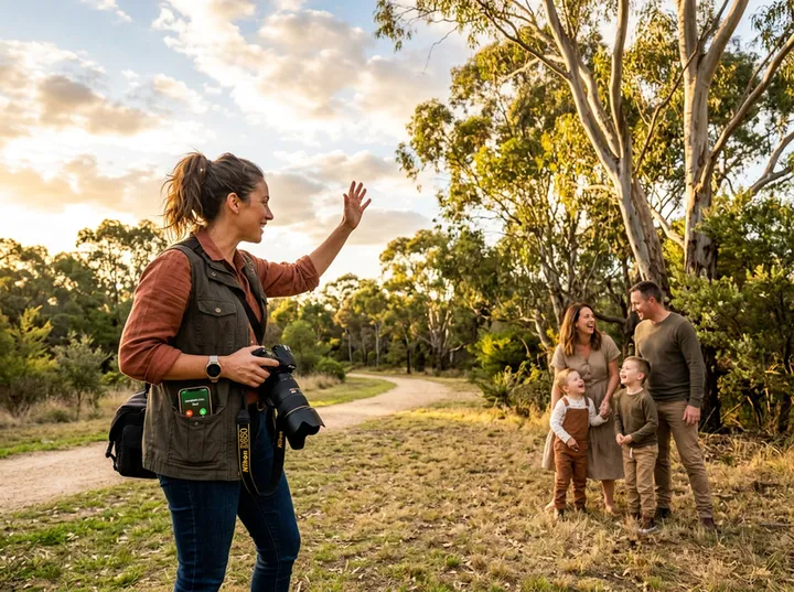 Photographer directing outdoor portrait session while AI handles calls