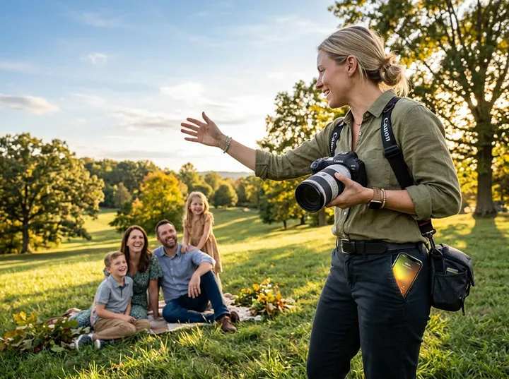 Photographer directing outdoor portrait session while AI handles calls