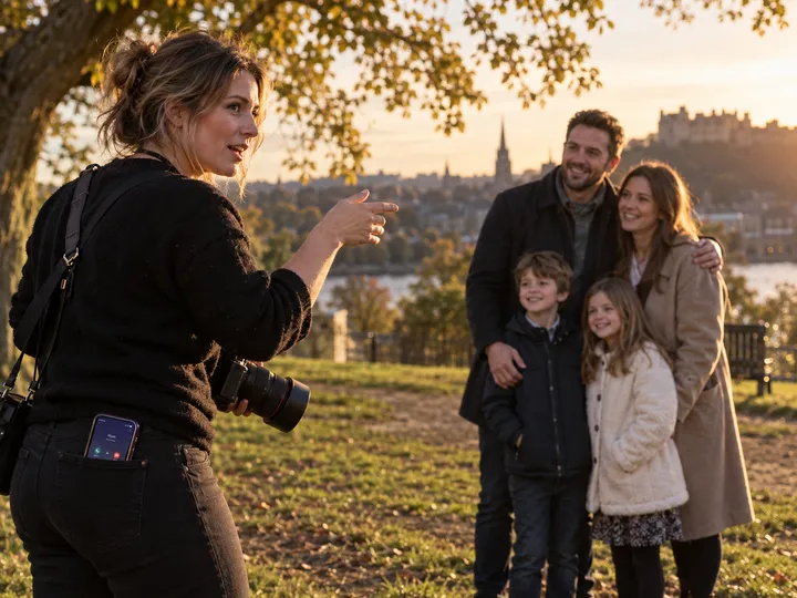 Photographer directing outdoor portrait session while AI handles calls