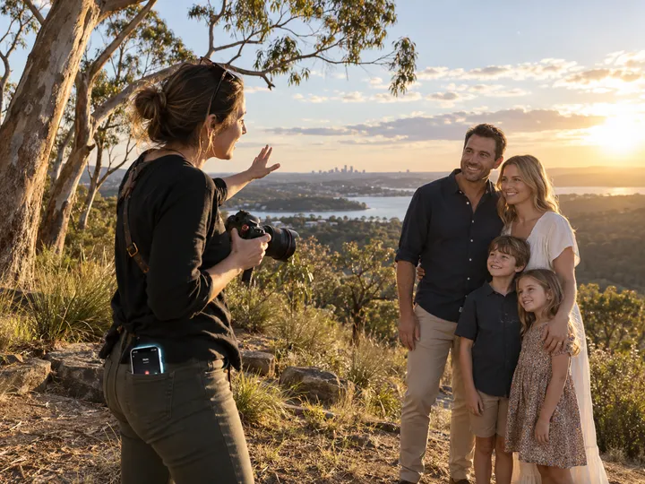 Photographer directing outdoor portrait session while AI handles calls