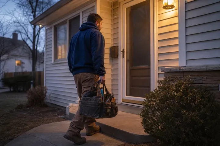 A plumber stepping out of a work van with a tool bag for an evening emergency callout outside a suburban American home