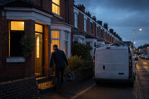 A plumber arriving at a terraced house in Ireland with a tool bag for an evening emergency callout