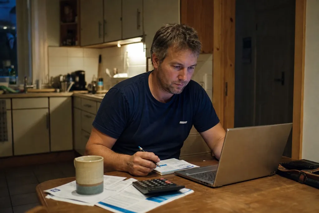 A plumber doing invoices and paperwork on a laptop at the kitchen table in the evening