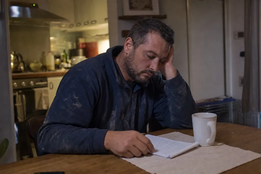 A plumber at the kitchen table in the evening working through a list of missed calls with a notepad