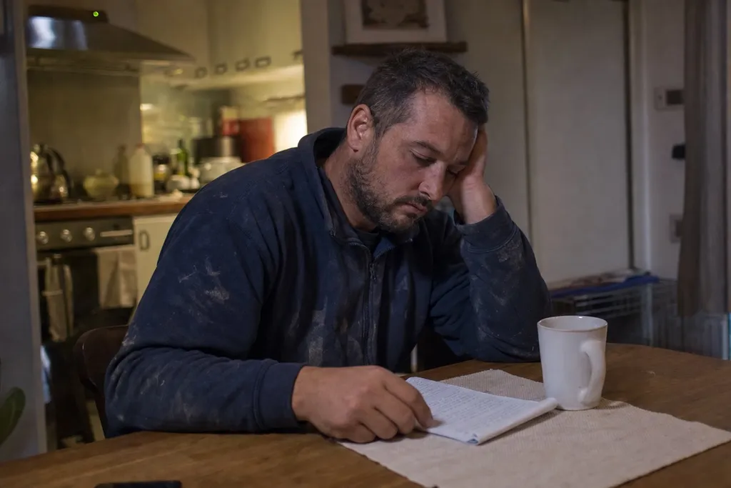 A plumber at a kitchen table in the evening working through a list of missed calls with a notepad