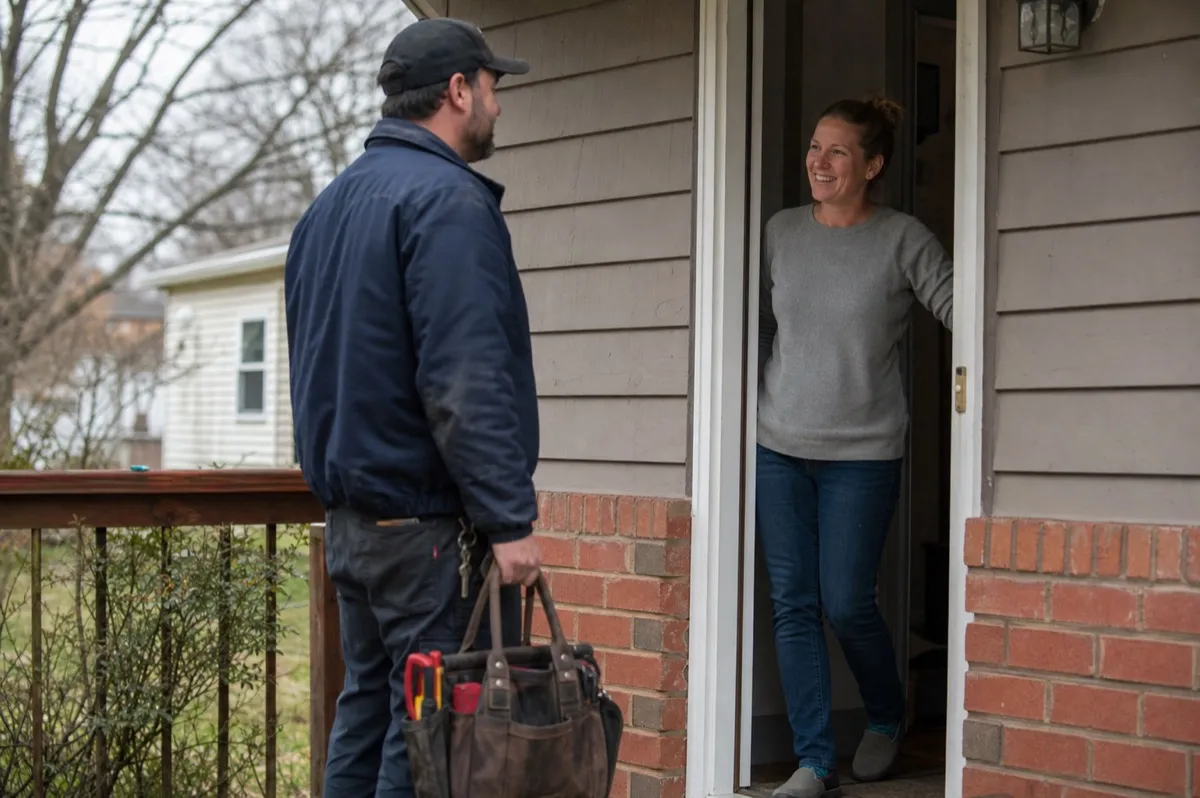 A plumber greeting a friendly homeowner at the front door of an American home, tool bag in hand