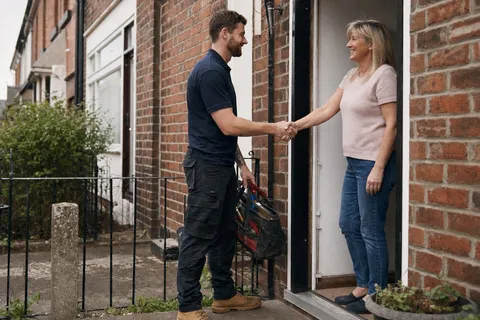 A plumber greeting a friendly homeowner at their front door, toolbag in hand