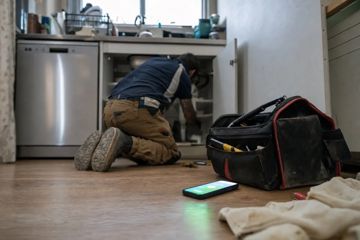 An Australian plumber working under a kitchen sink while a mobile rings unanswered on the floor next to the toolbag