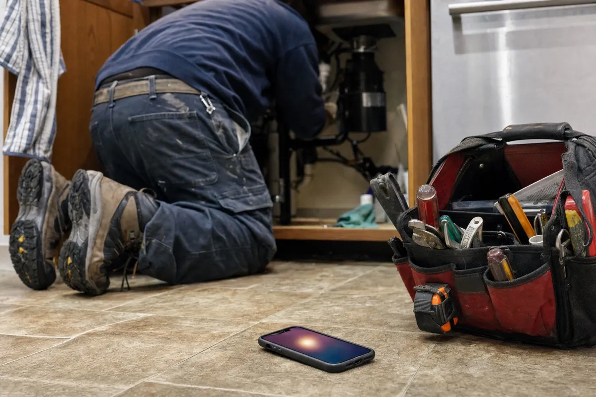 A plumber on his back fixing a leak under a kitchen sink while his cell phone rings unanswered next to the toolbag