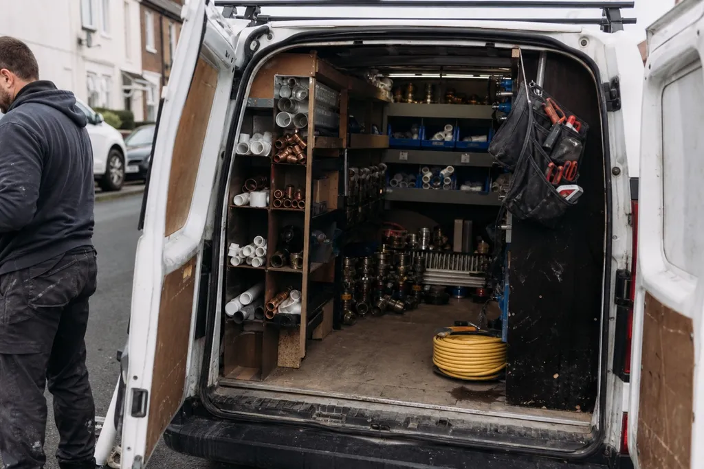 The open back of a work van showing neatly organized plumbing tools and parts