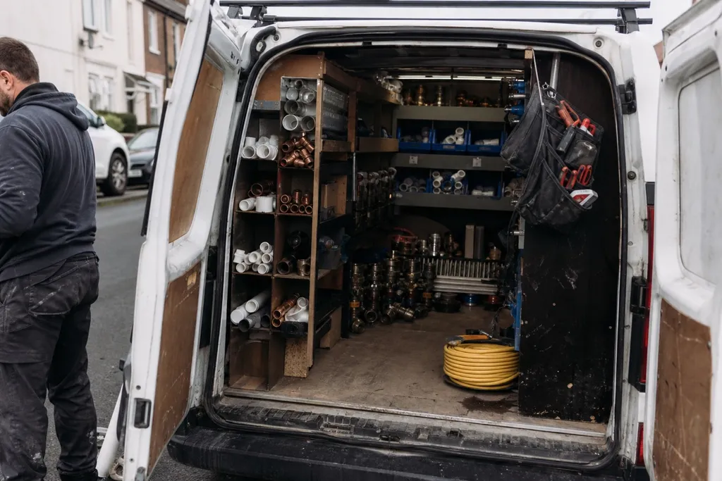 The open back of a work van showing neatly organised plumbing tools and parts