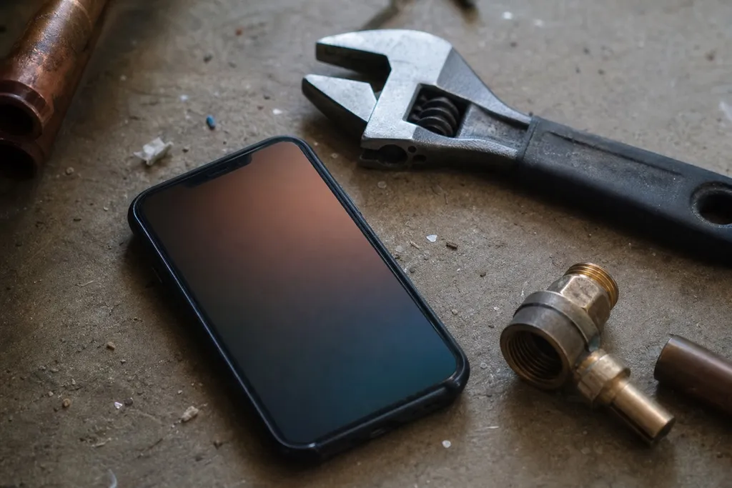 A plumber's cell phone lighting up with a call on a dusty workbench next to a wrench and fittings
