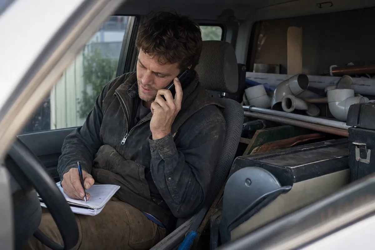 An Australian plumber taking a customer call and writing the job down on a notepad in the back of their ute